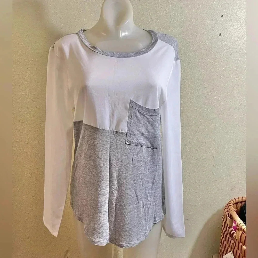 Joe Fresh Size S White Gray Sheer Rayon Top Long Sleeve Blouse T-Shirt Soft FLAW